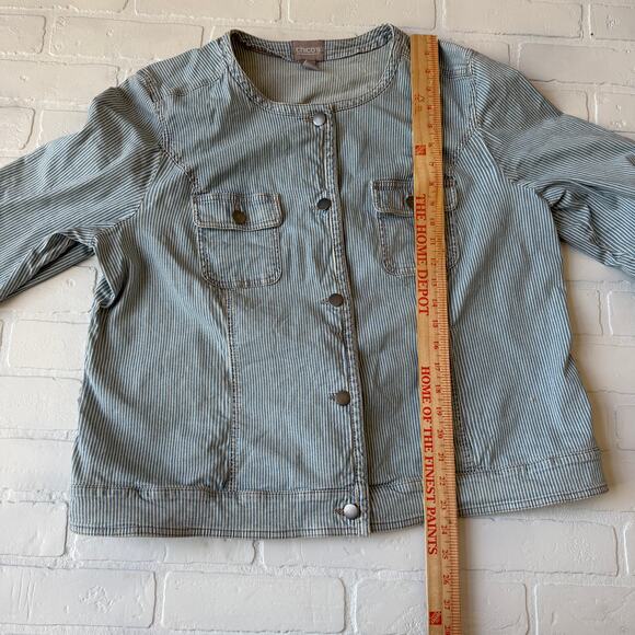 Chico's Blue White Pinstripe Denim Style Cotton Button Jacket sz 12/14 2 - Picture 5 of 6
